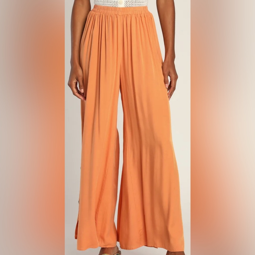 Lulus Sunny Moments Orange Side Button Wide-Leg Pants Flowy Summer Fun